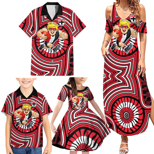 St Kilda Football Club Family Matching Summer Maxi Dress and Hawaiian Shirt Indigenous Monochrome Dot Art Mascot Style
