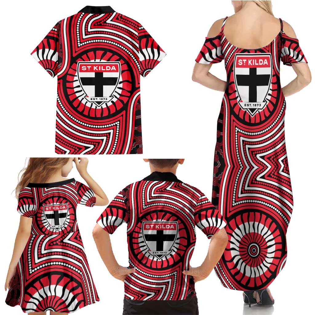 St Kilda Football Club Family Matching Summer Maxi Dress and Hawaiian Shirt Indigenous Monochrome Dot Art Mascot Style