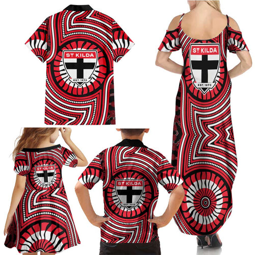 St Kilda Football Club Family Matching Summer Maxi Dress and Hawaiian Shirt Indigenous Monochrome Dot Art Mascot Style