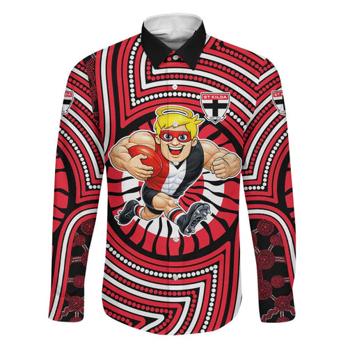 St Kilda Football Club Family Matching Summer Maxi Dress and Hawaiian Shirt Indigenous Monochrome Dot Art Mascot Style