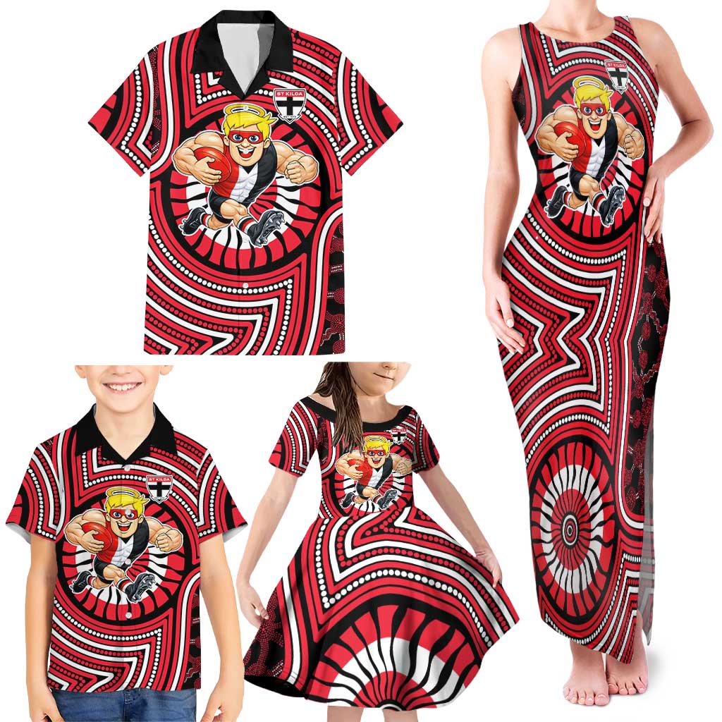 St Kilda Football Club Family Matching Tank Maxi Dress and Hawaiian Shirt Indigenous Monochrome Dot Art Mascot Style