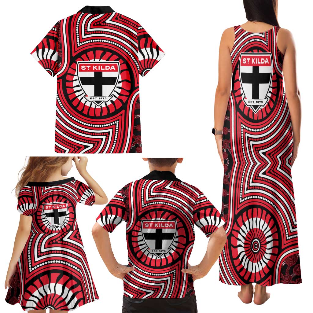 St Kilda Football Club Family Matching Tank Maxi Dress and Hawaiian Shirt Indigenous Monochrome Dot Art Mascot Style