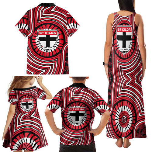 St Kilda Football Club Family Matching Tank Maxi Dress and Hawaiian Shirt Indigenous Monochrome Dot Art Mascot Style
