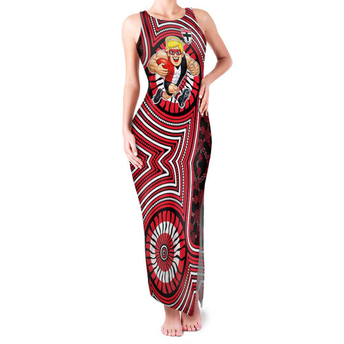 St Kilda Football Club Family Matching Tank Maxi Dress and Hawaiian Shirt Indigenous Monochrome Dot Art Mascot Style