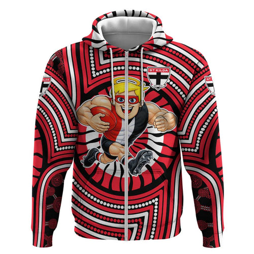 St Kilda Football Club Hoodie Indigenous Monochrome Dot Art Mascot Style