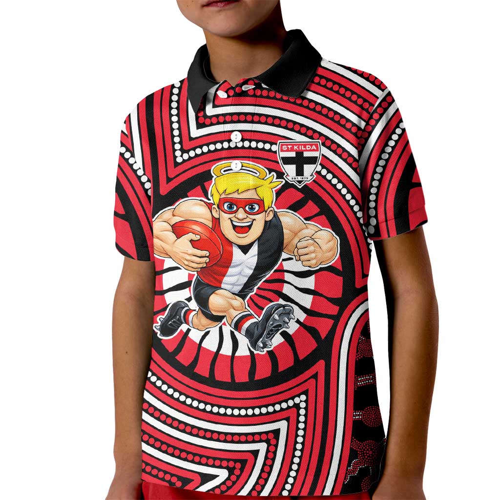 St Kilda Football Club Kid Polo Shirt Indigenous Monochrome Dot Art Mascot Style