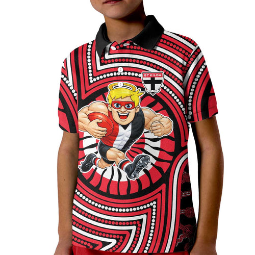 St Kilda Football Club Kid Polo Shirt Indigenous Monochrome Dot Art Mascot Style