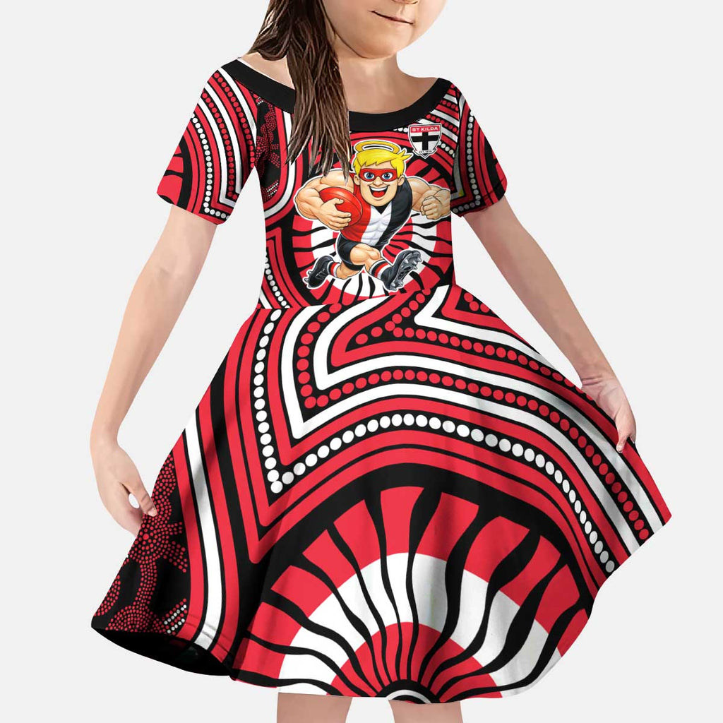 St Kilda Football Club Kid Short Sleeve Dress Indigenous Monochrome Dot Art Mascot Style