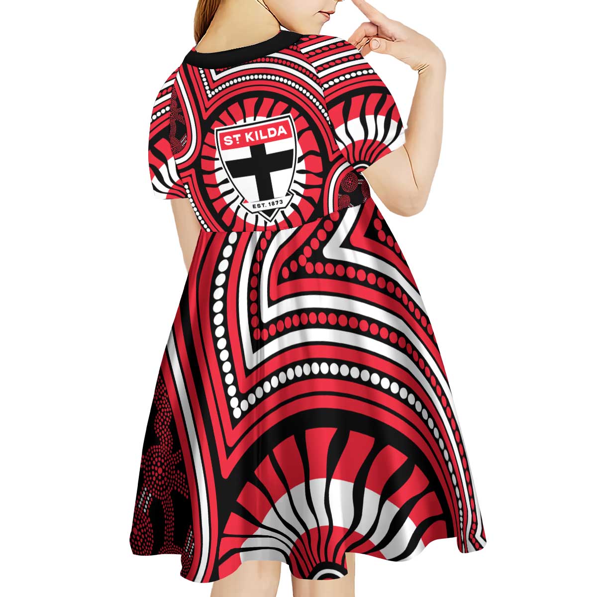 St Kilda Football Club Kid Short Sleeve Dress Indigenous Monochrome Dot Art Mascot Style