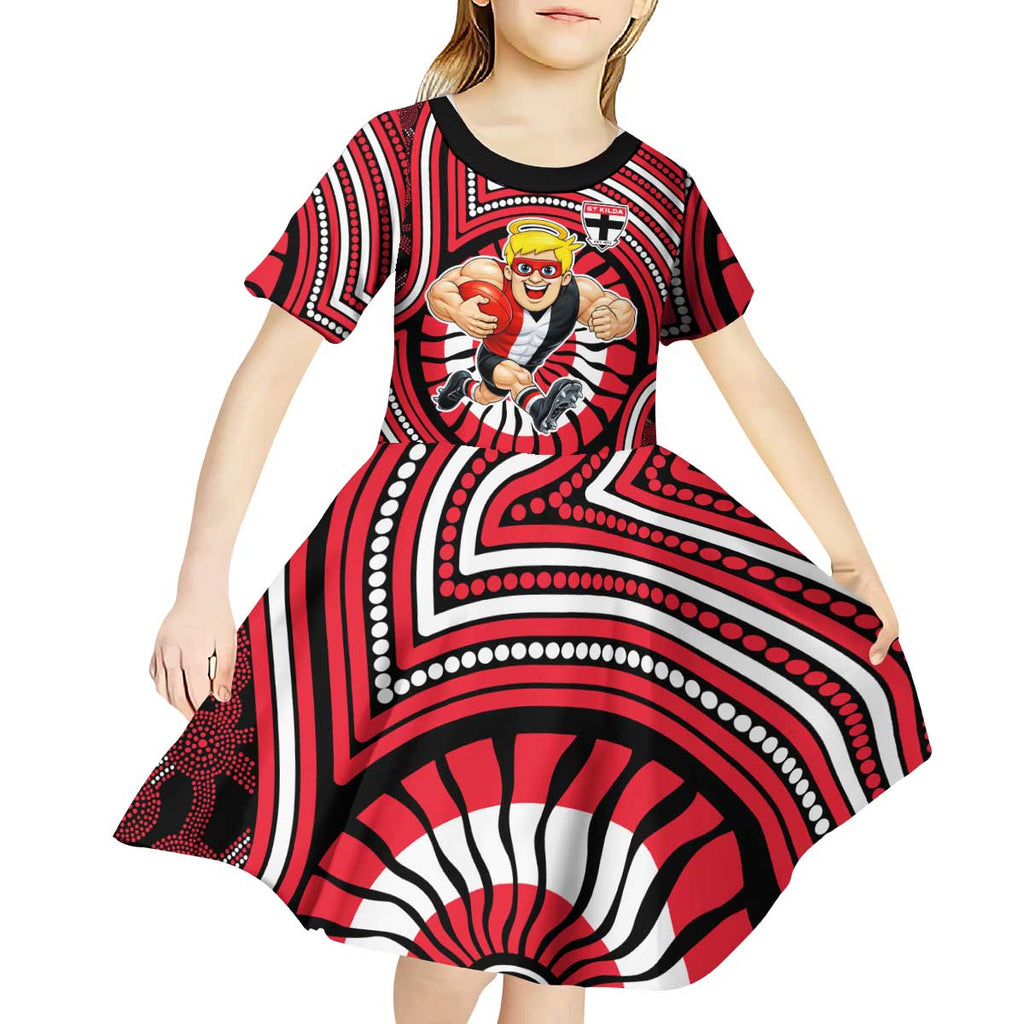St Kilda Football Club Kid Short Sleeve Dress Indigenous Monochrome Dot Art Mascot Style