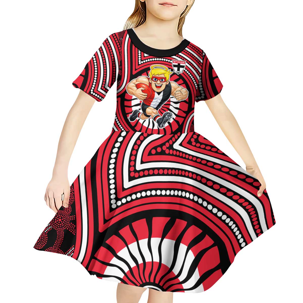 St Kilda Football Club Kid Short Sleeve Dress Indigenous Monochrome Dot Art Mascot Style