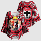 St Kilda Football Club Kimono Sleeve Blouse Indigenous Monochrome Dot Art Mascot Style