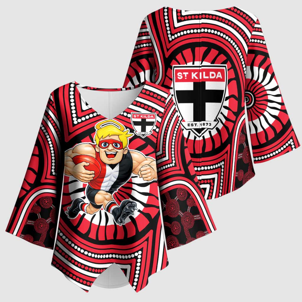 St Kilda Football Club Kimono Sleeve Blouse Indigenous Monochrome Dot Art Mascot Style