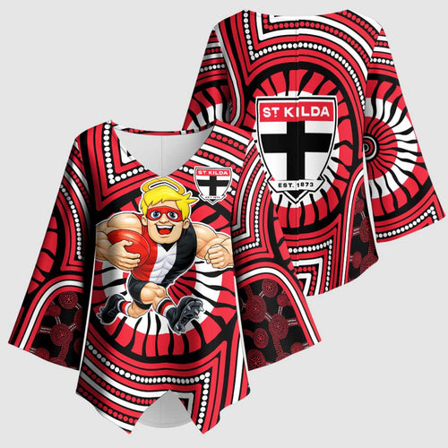 St Kilda Football Club Kimono Sleeve Blouse Indigenous Monochrome Dot Art Mascot Style