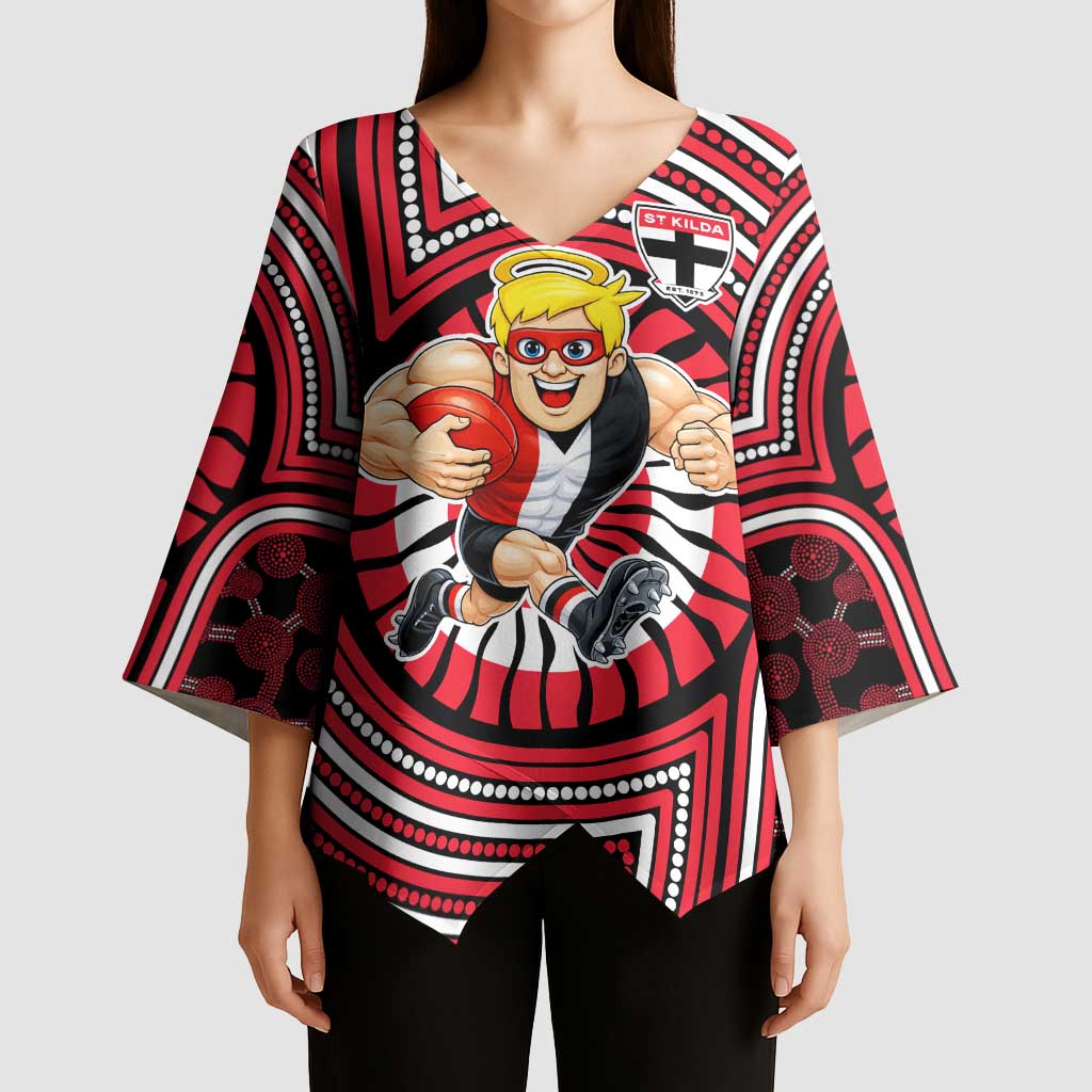 St Kilda Football Club Kimono Sleeve Blouse Indigenous Monochrome Dot Art Mascot Style