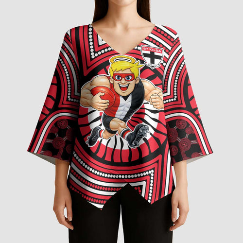 St Kilda Football Club Kimono Sleeve Blouse Indigenous Monochrome Dot Art Mascot Style