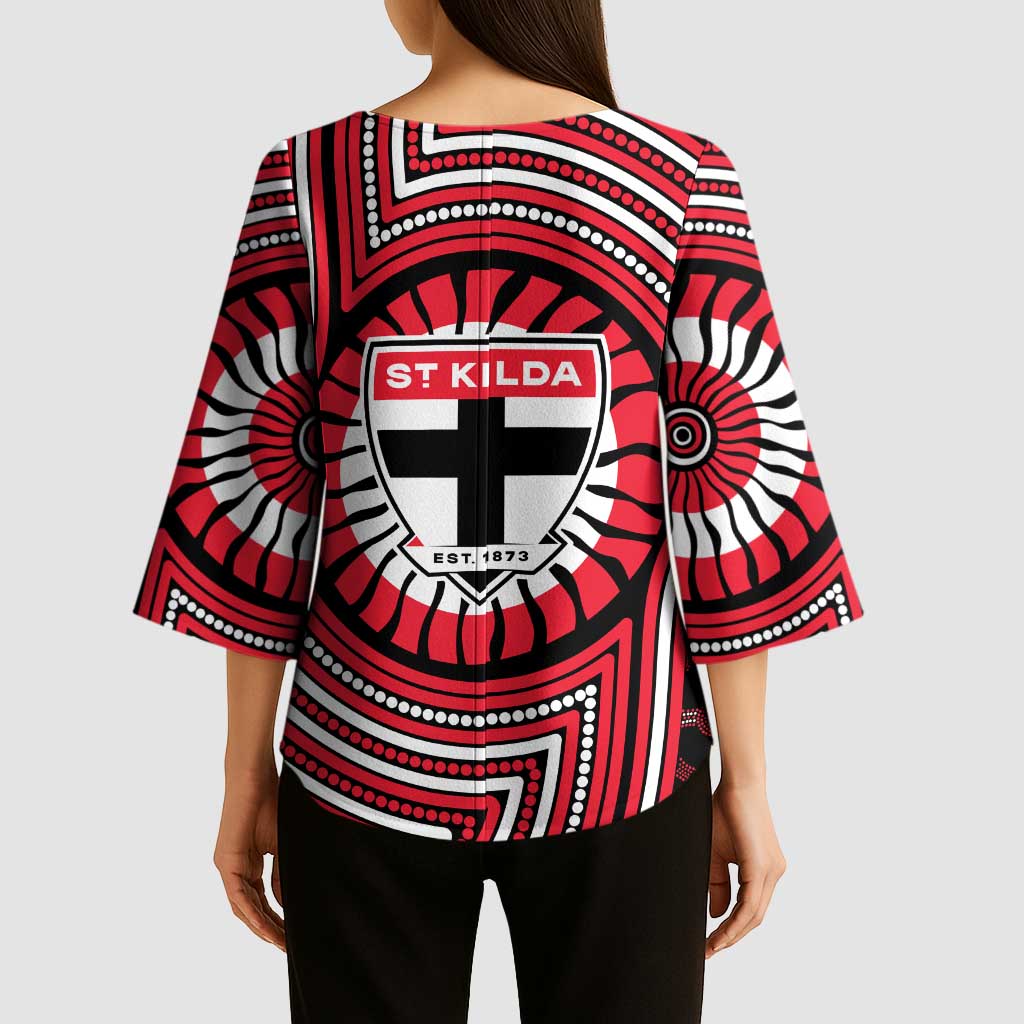 St Kilda Football Club Kimono Sleeve Blouse Indigenous Monochrome Dot Art Mascot Style