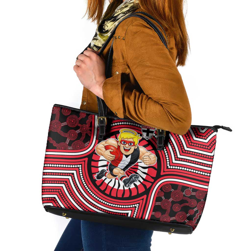 St Kilda Football Club Leather Tote Bag Indigenous Monochrome Dot Art Mascot Style