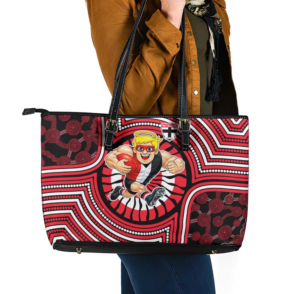 St Kilda Football Club Leather Tote Bag Indigenous Monochrome Dot Art Mascot Style