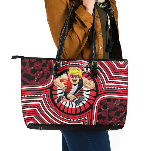 St Kilda Football Club Leather Tote Bag Indigenous Monochrome Dot Art Mascot Style