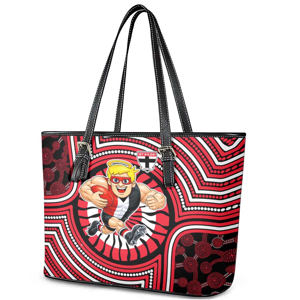 St Kilda Football Club Leather Tote Bag Indigenous Monochrome Dot Art Mascot Style