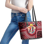 St Kilda Football Club Leather Tote Bag Indigenous Monochrome Dot Art Mascot Style