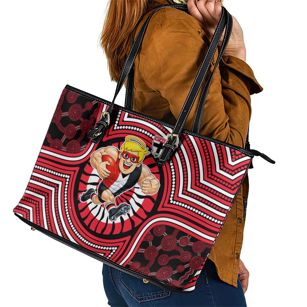 St Kilda Football Club Leather Tote Bag Indigenous Monochrome Dot Art Mascot Style