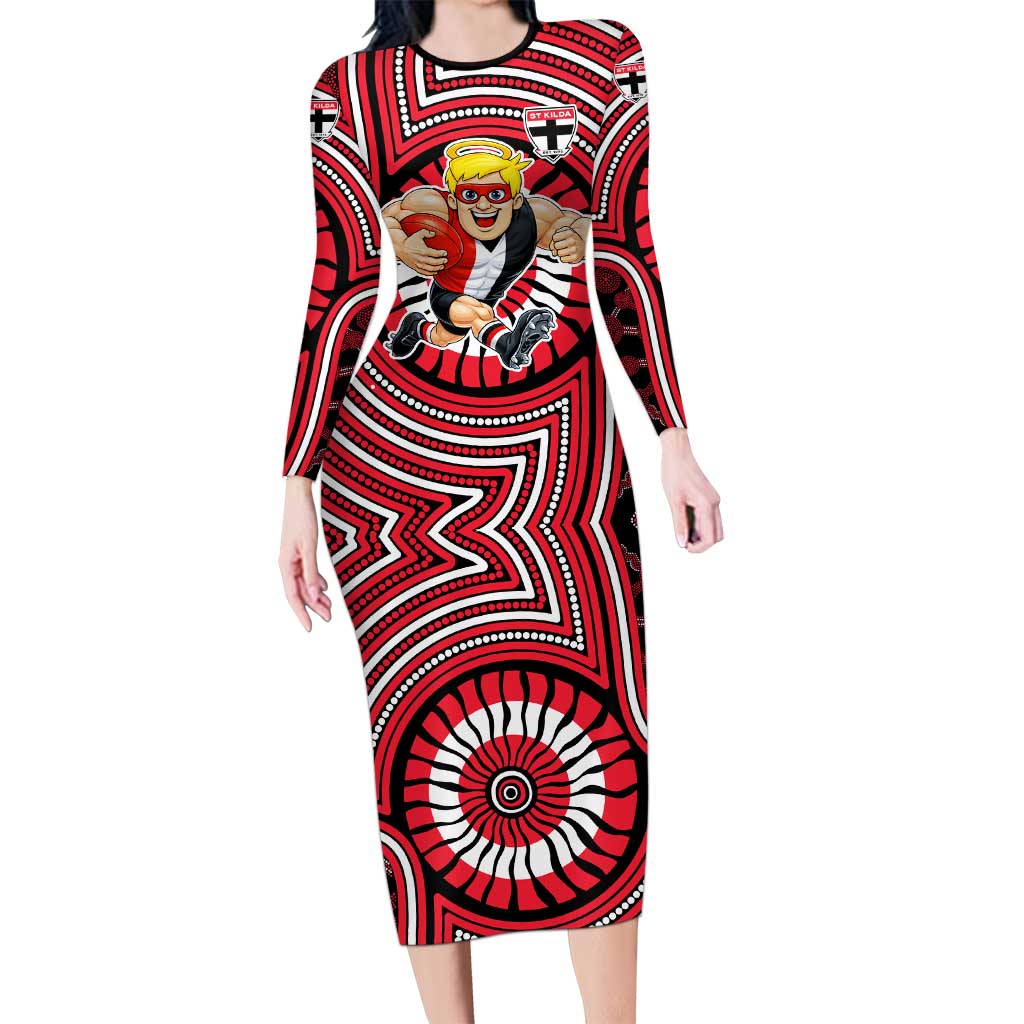 St Kilda Football Club Long Sleeve Bodycon Dress Indigenous Monochrome Dot Art Mascot Style