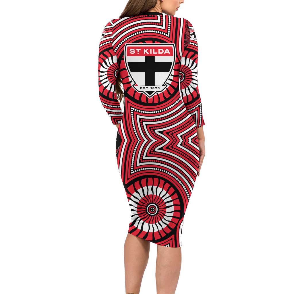 St Kilda Football Club Long Sleeve Bodycon Dress Indigenous Monochrome Dot Art Mascot Style