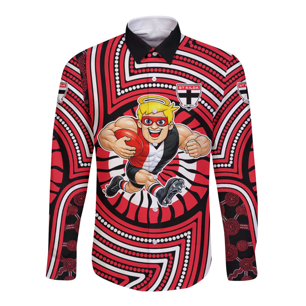 St Kilda Football Club Long Sleeve Button Shirt Indigenous Monochrome Dot Art Mascot Style