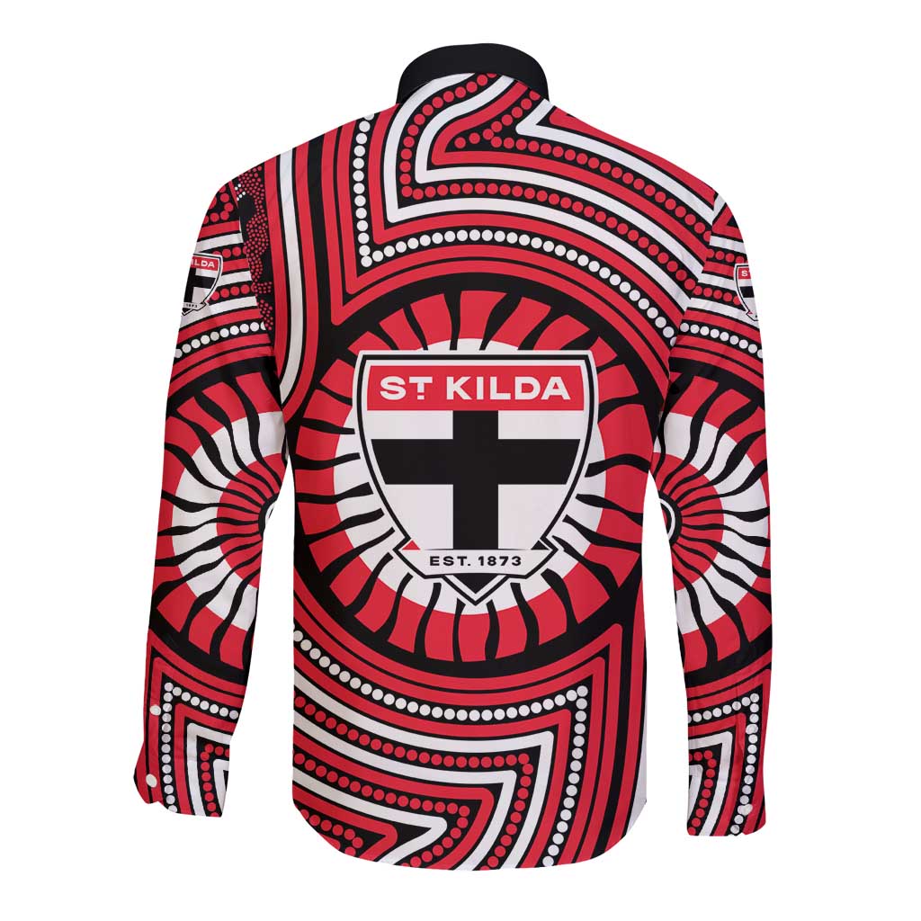 St Kilda Football Club Long Sleeve Button Shirt Indigenous Monochrome Dot Art Mascot Style