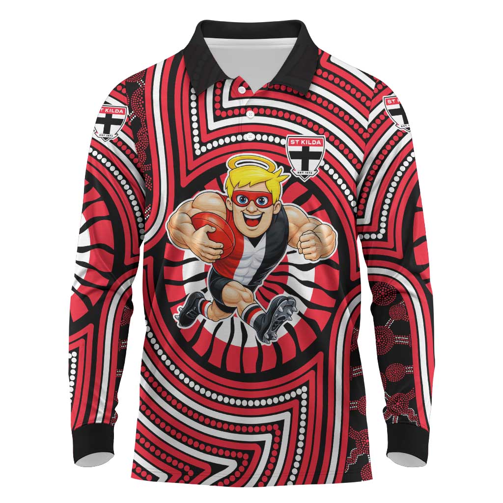 St Kilda Football Club Long Sleeve Polo Shirt Indigenous Monochrome Dot Art Mascot Style
