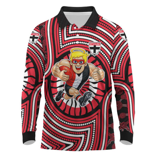 St Kilda Football Club Long Sleeve Polo Shirt Indigenous Monochrome Dot Art Mascot Style