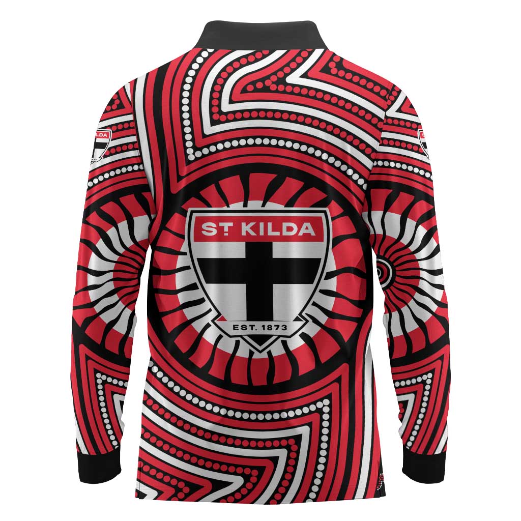 St Kilda Football Club Long Sleeve Polo Shirt Indigenous Monochrome Dot Art Mascot Style