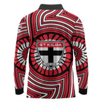 St Kilda Football Club Long Sleeve Polo Shirt Indigenous Monochrome Dot Art Mascot Style