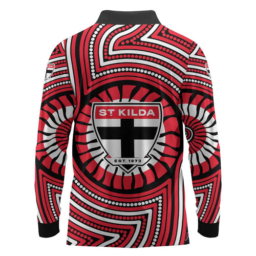 St Kilda Football Club Long Sleeve Polo Shirt Indigenous Monochrome Dot Art Mascot Style