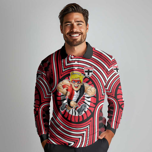 St Kilda Football Club Long Sleeve Polo Shirt Indigenous Monochrome Dot Art Mascot Style