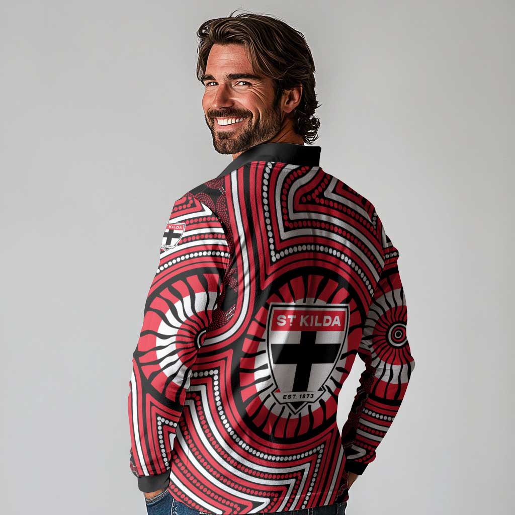 St Kilda Football Club Long Sleeve Polo Shirt Indigenous Monochrome Dot Art Mascot Style
