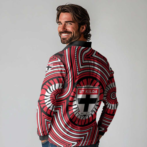 St Kilda Football Club Long Sleeve Polo Shirt Indigenous Monochrome Dot Art Mascot Style