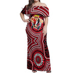 St Kilda Football Club Off Shoulder Maxi Dress Indigenous Monochrome Dot Art Mascot Style