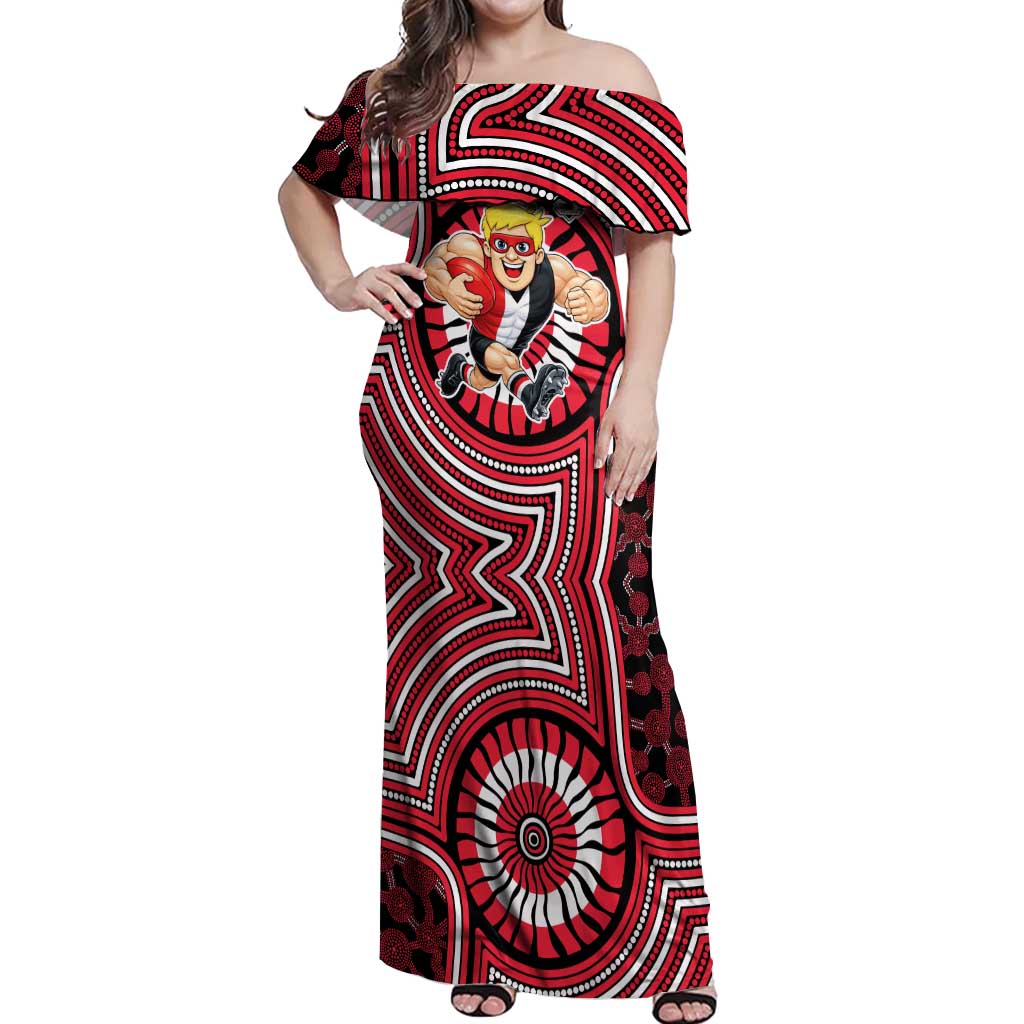 St Kilda Football Club Off Shoulder Maxi Dress Indigenous Monochrome Dot Art Mascot Style