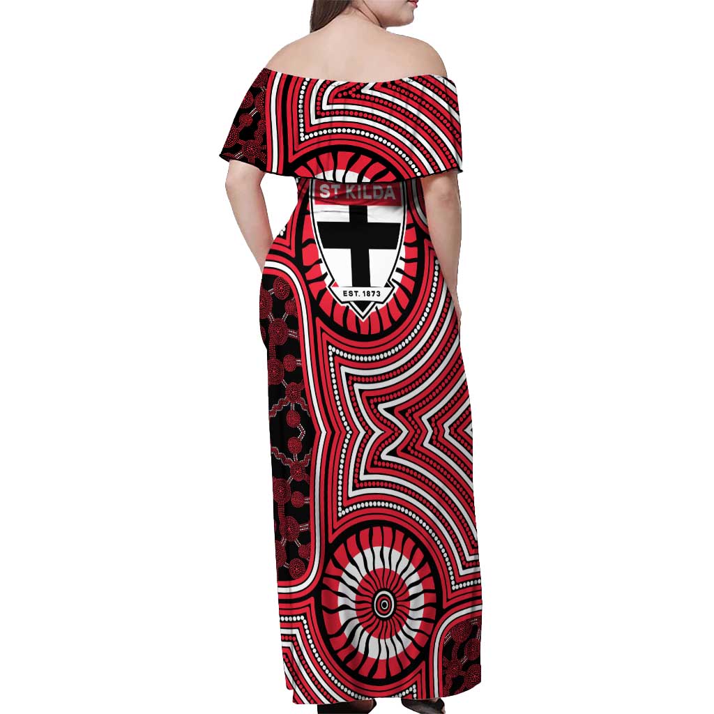 St Kilda Football Club Off Shoulder Maxi Dress Indigenous Monochrome Dot Art Mascot Style