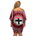 St Kilda Football Club Off Shoulder Short Dress Indigenous Monochrome Dot Art Mascot Style