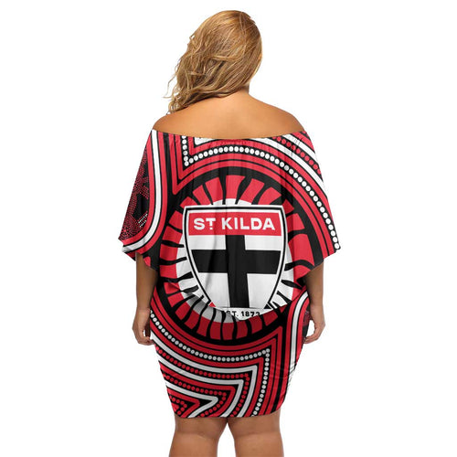 St Kilda Football Club Off Shoulder Short Dress Indigenous Monochrome Dot Art Mascot Style