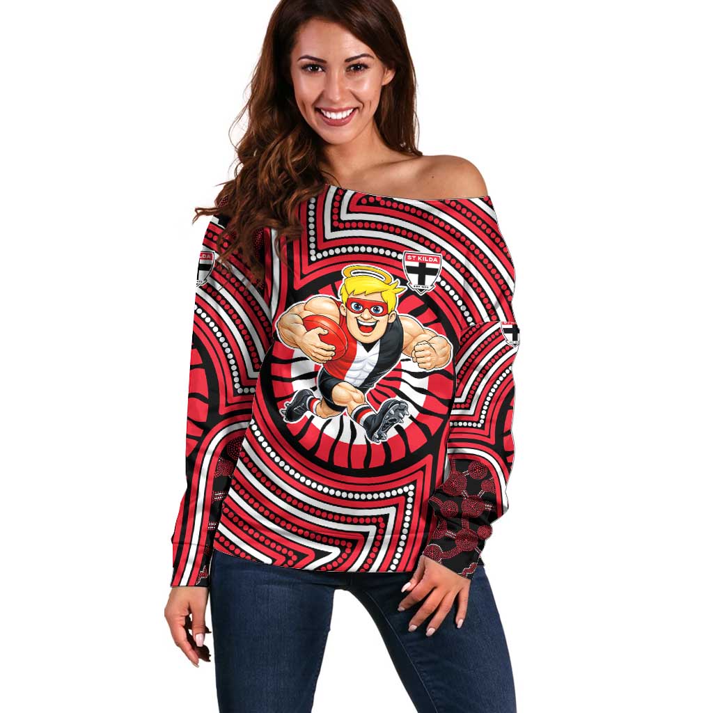 St Kilda Football Club Off Shoulder Sweater Indigenous Monochrome Dot Art Mascot Style