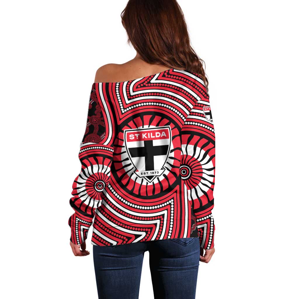 St Kilda Football Club Off Shoulder Sweater Indigenous Monochrome Dot Art Mascot Style