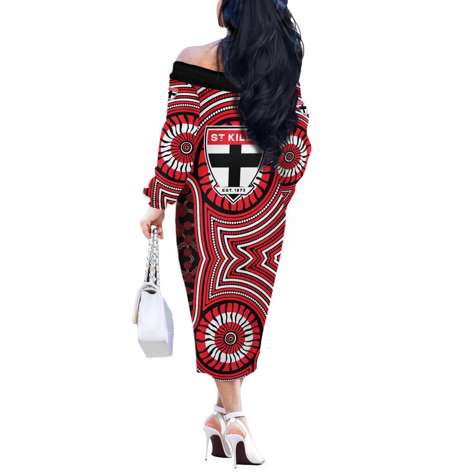 St Kilda Football Club Off The Shoulder Long Sleeve Dress Indigenous Monochrome Dot Art Mascot Style