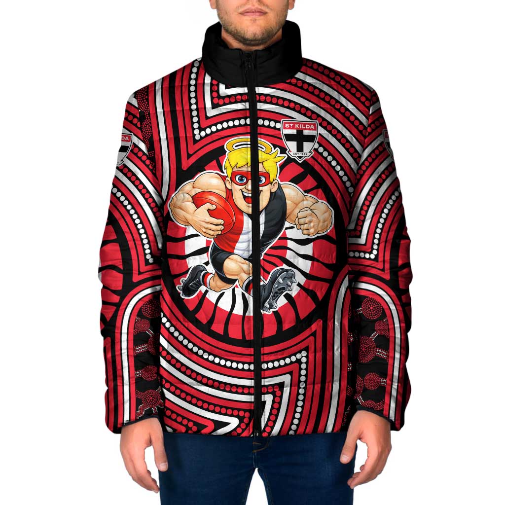 St Kilda Football Club Padded Jacket Indigenous Monochrome Dot Art Mascot Style