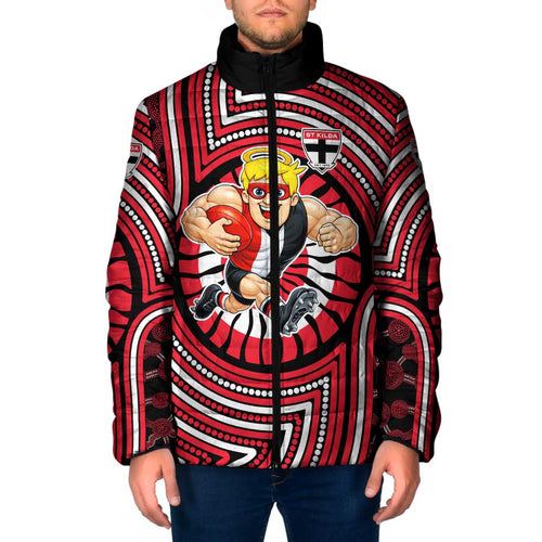 St Kilda Football Club Padded Jacket Indigenous Monochrome Dot Art Mascot Style