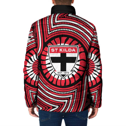 St Kilda Football Club Padded Jacket Indigenous Monochrome Dot Art Mascot Style